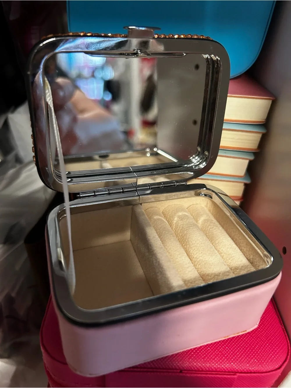 Pink Small Travel Jewelry Box with Mirror